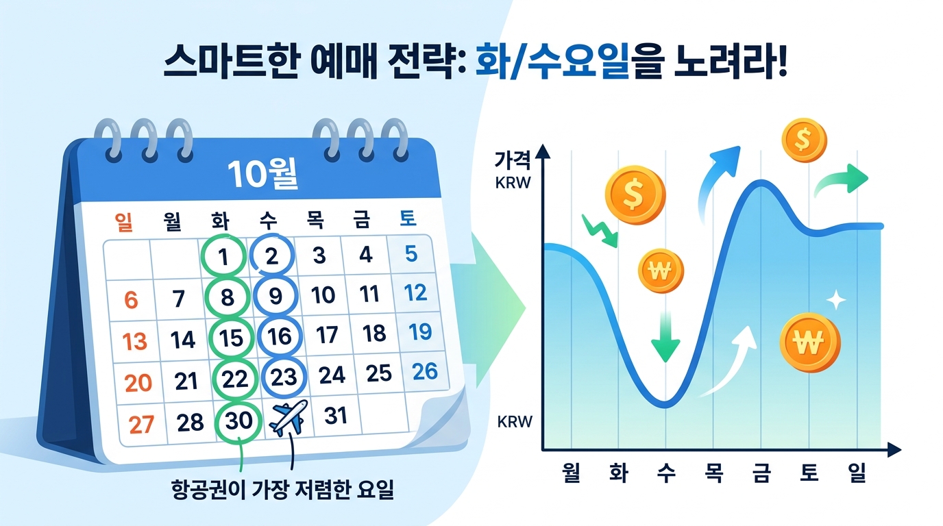달력에 항공권이 가장 저렴한 화요일과 수요일이 동그라미 쳐져 있고, 우상향 하향하는 항공권 가격 변동 그래프 그래픽