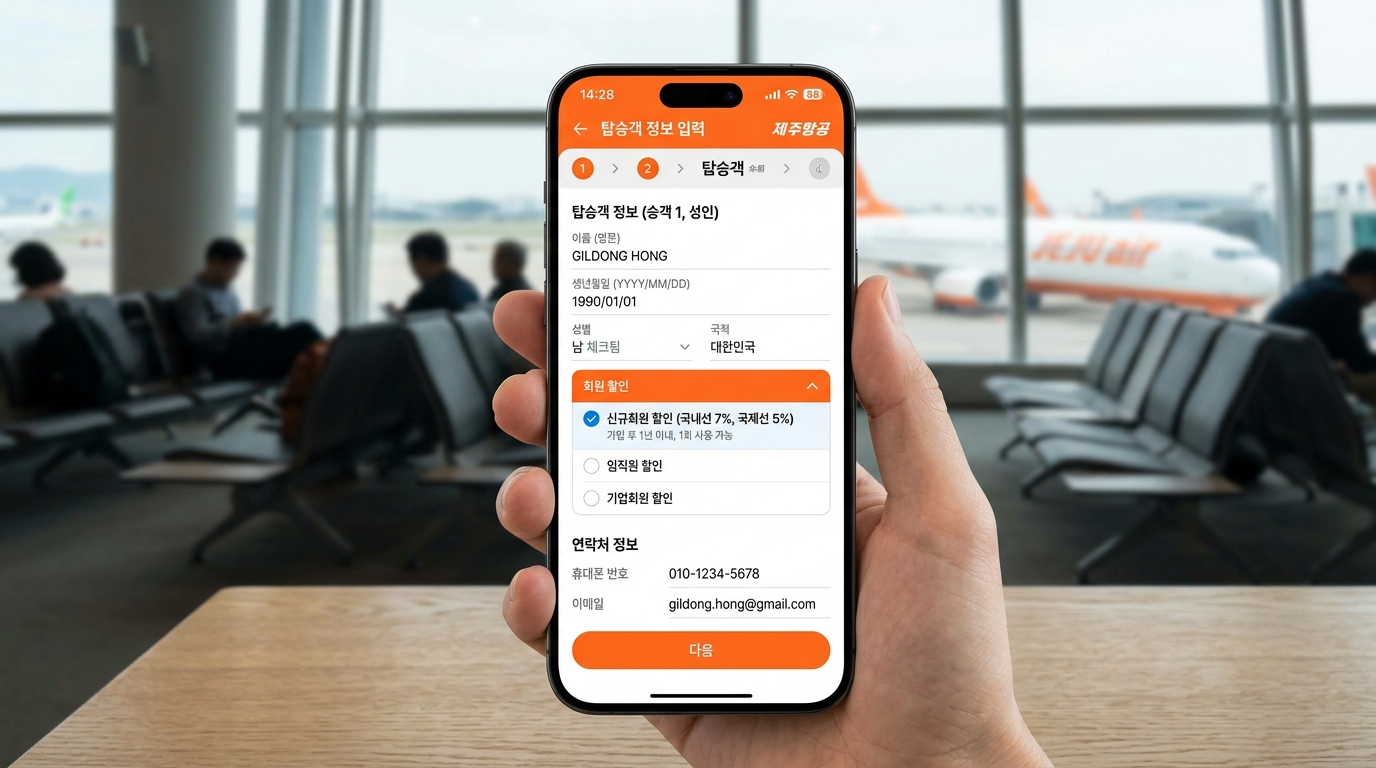 제주항공 앱 탑승객 정보 입력 화면에서 신규회원 할인 선택하는 화면