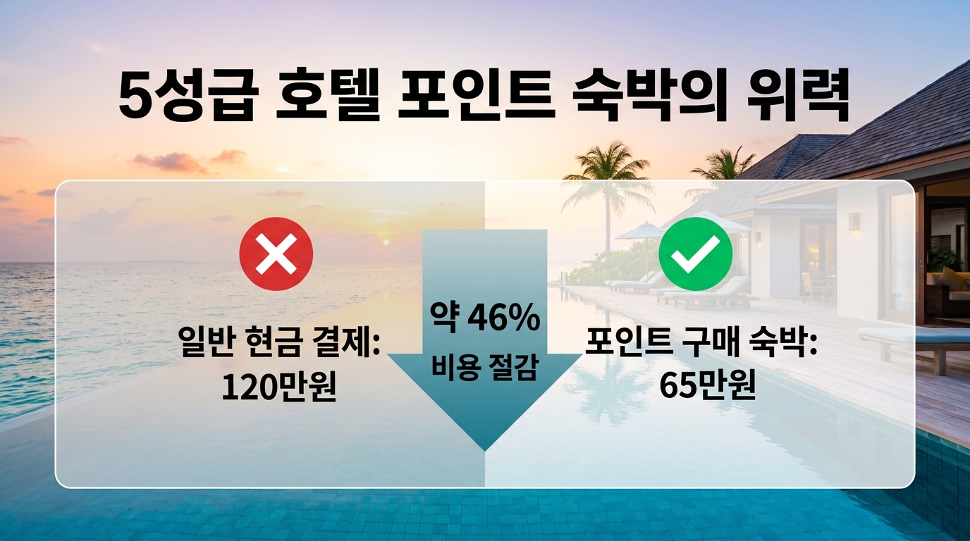 5성급 호텔 예약 시 일반 현금 결제 금액과 포인트 구매를 통한 숙박 금액을 비교하여 약 46%의 비용 절감 효과