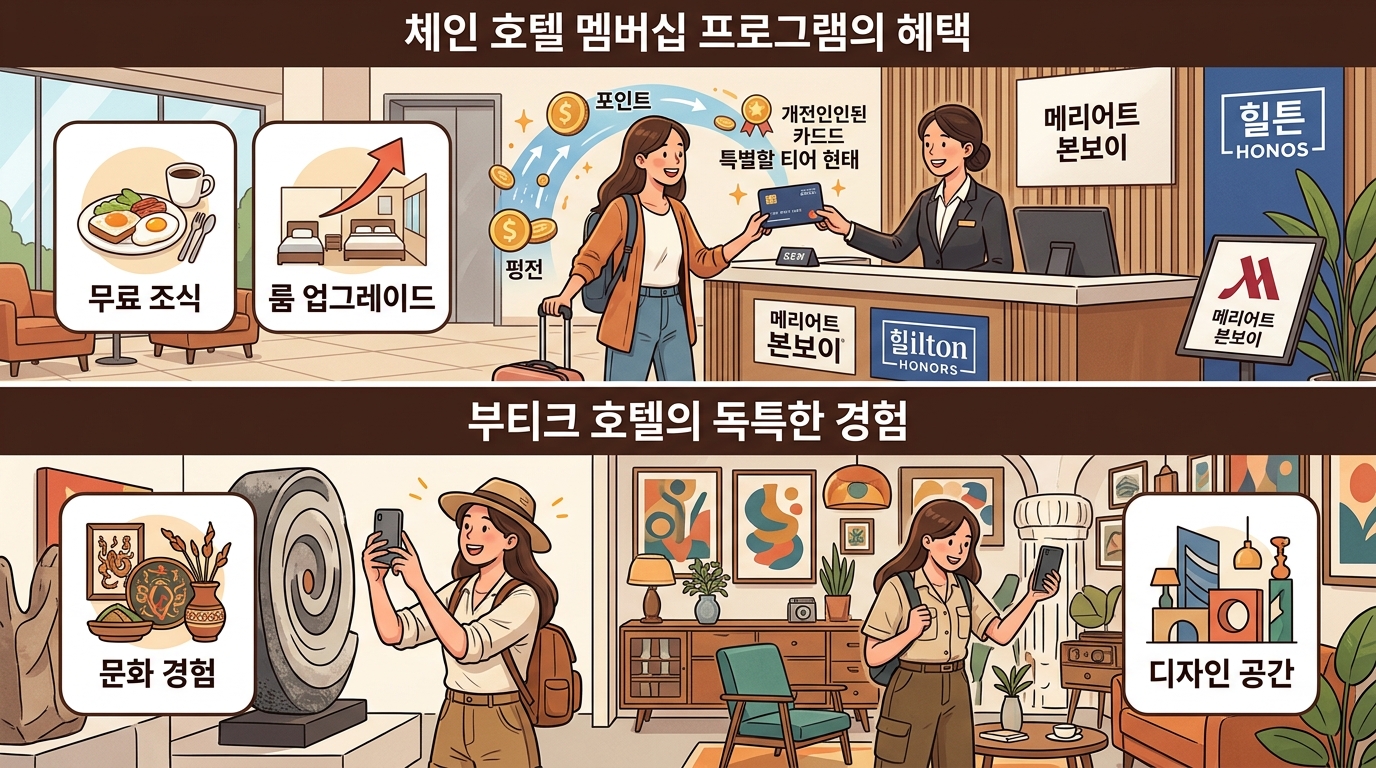 체인 호텔 멤버십 포인트 적립 혜택과 부티크 호텔 독특한 공간 비교