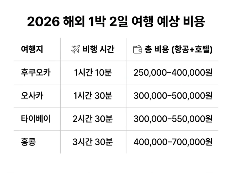1박2일 해외여행지 비용 비교 2026 일본 홍콩 대만 항공 숙소