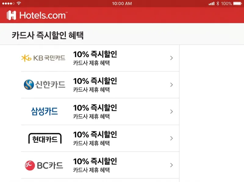 호텔스닷컴 한국어 앱에서 KB국민카드, 신한카드 등 국내 주요 카드사별 10% 즉시 할인 혜택이 정리된 제휴 프로모션
